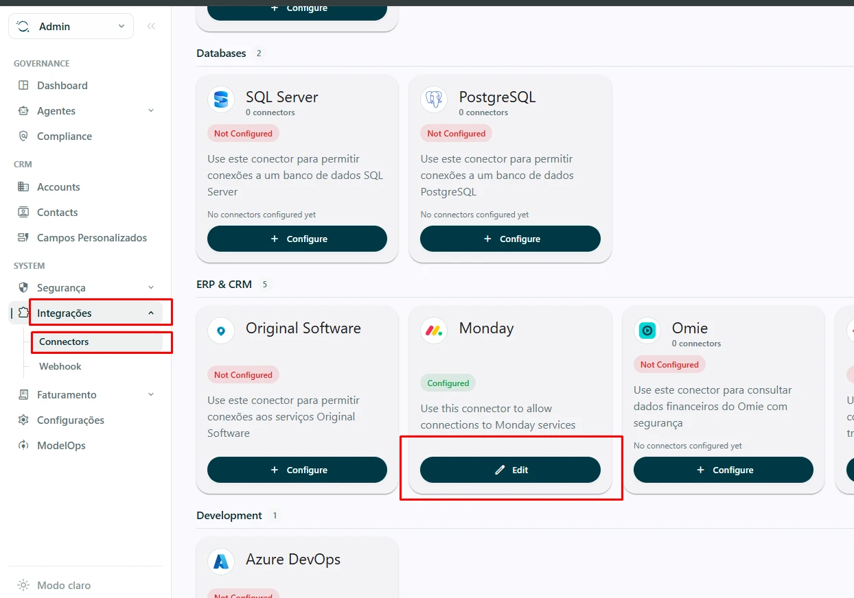 Open Integrations → Connectors and edit the monday connector.