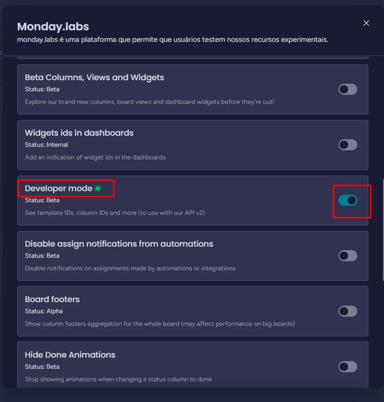 Enable Developer mode in monday.labs.