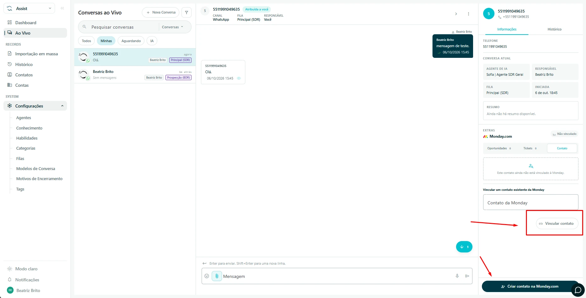 Use the monday contact association action inside the conversation.