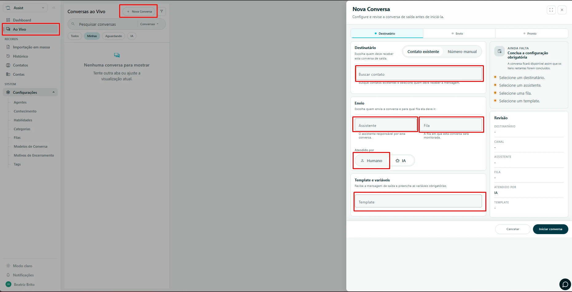 Fill in the contact, agent, queue, handler and template in Assist.